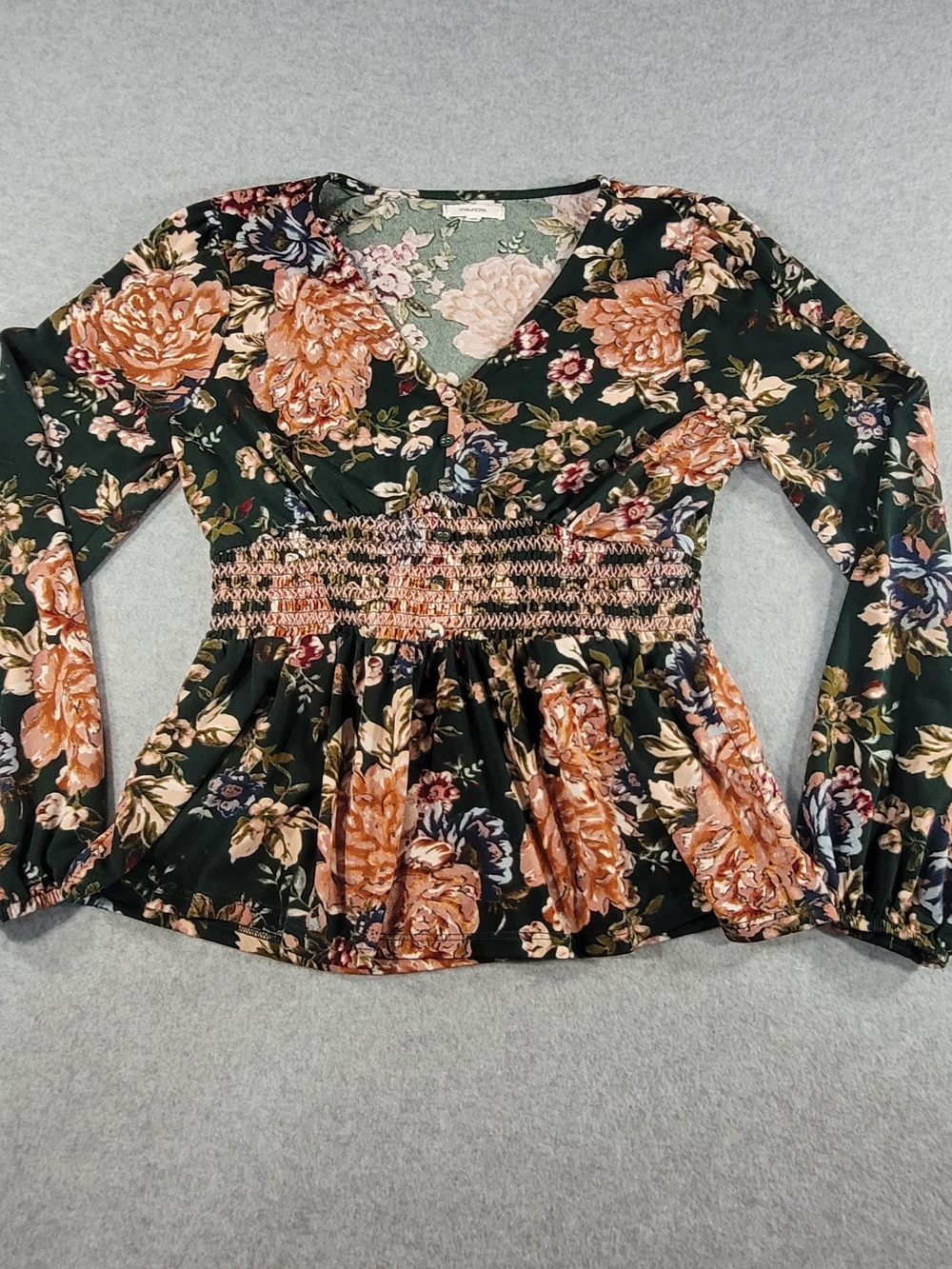 Maurices Black Floral V-Neck Smocked Waist Blouse